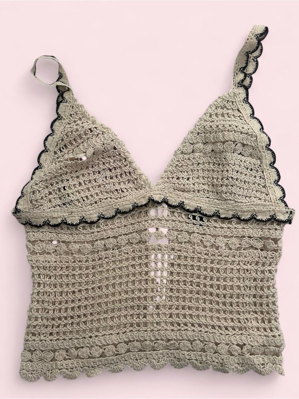y2k Crochet Scallop Bralette Tank Top - Cream with Black Trim
